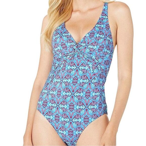 Bleu Rod Beattie St. Tropez Printed Plunge Halter One-Piece Swimsuit 8 - Picture 1 of 8
